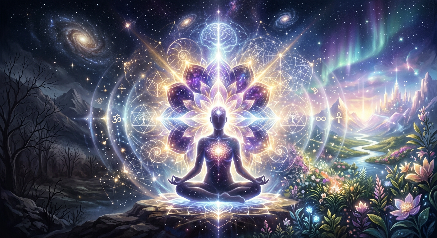 Imagem abstrata e etérea de uma pessoa irradiando luz transformadora, simbolizando o despertar da consciência, o poder da imaginação e a manifestação de uma nova realidade.