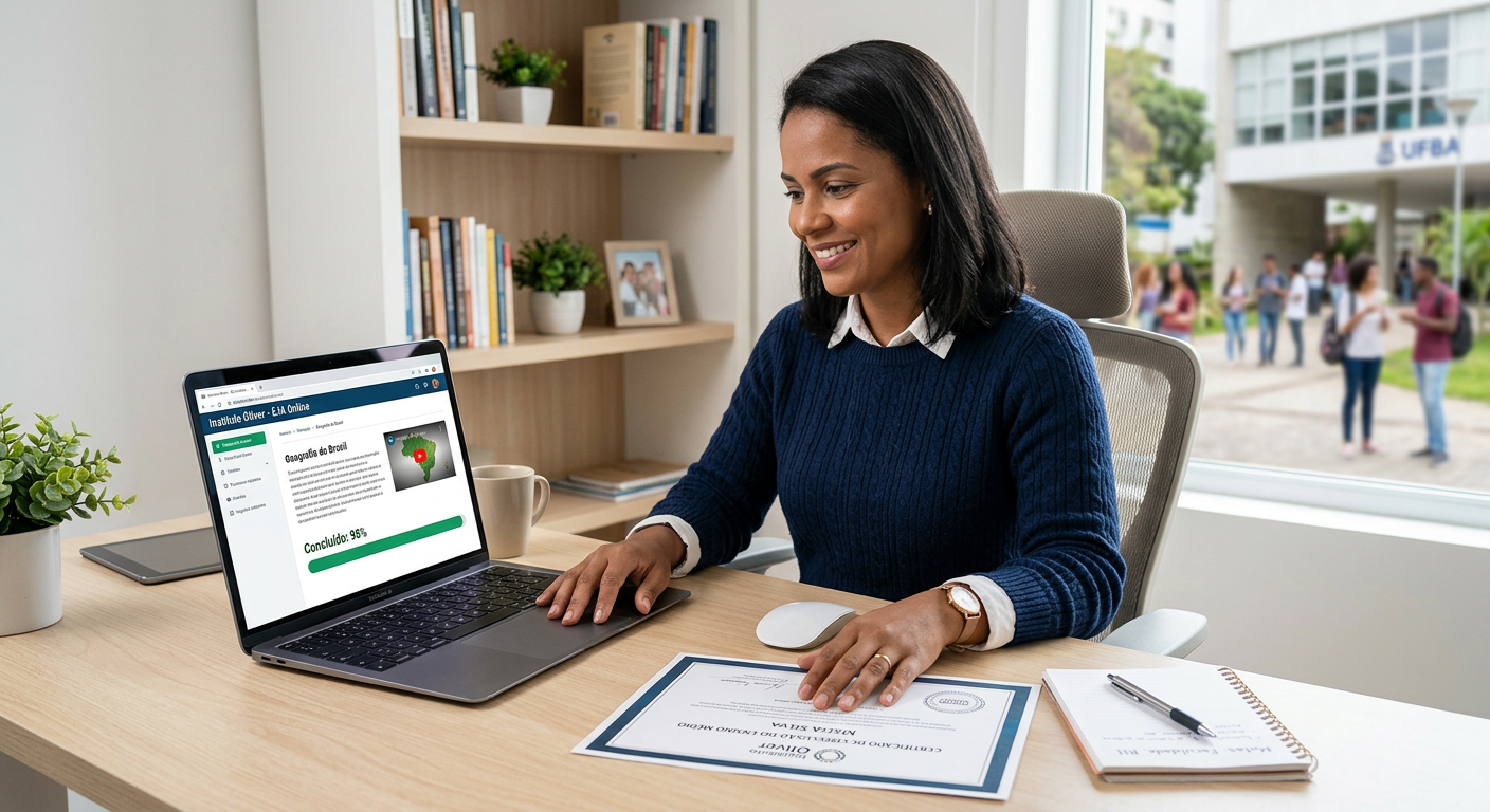 Estudante adulto concluindo EJA Supletivo online do Instituto Óliver em laptop, com diploma, simbolizando acesso a carreira e faculdade.