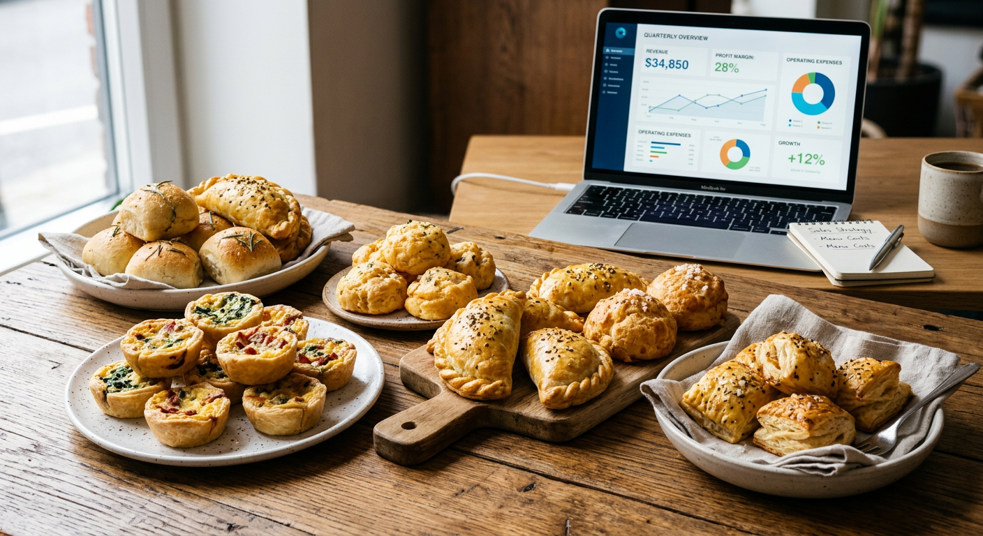 Variedade de salgados de forno apetitosos ao lado de um tablet com gráficos de lucro, simbolizando o curso 'Salgados de Forno + Benefícios' e o sucesso nos negócios.