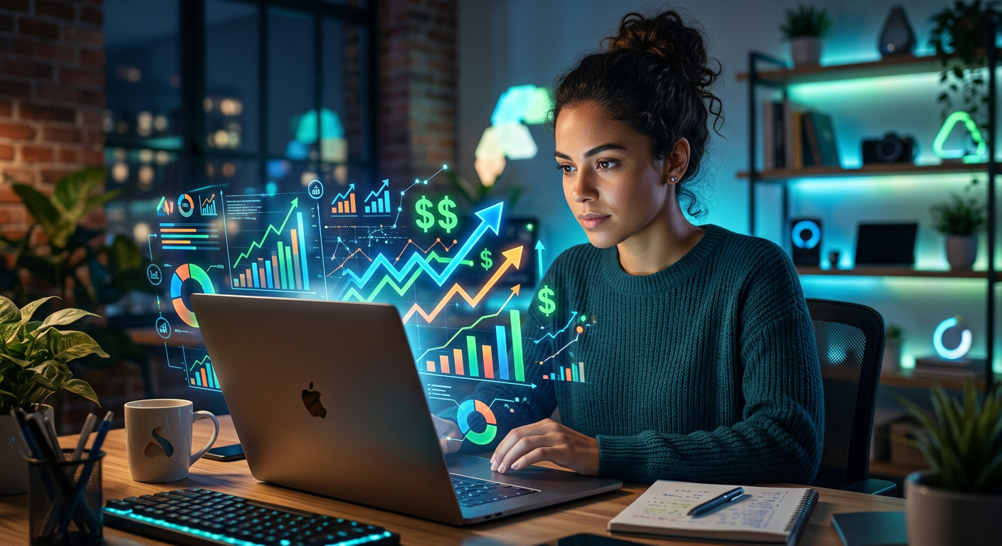 Pessoa analisando tela de laptop com gráficos de ganhos em dólar, ícones de marketing de afiliados e o nome 'Taynã Gauche', representando um curso online de renda.