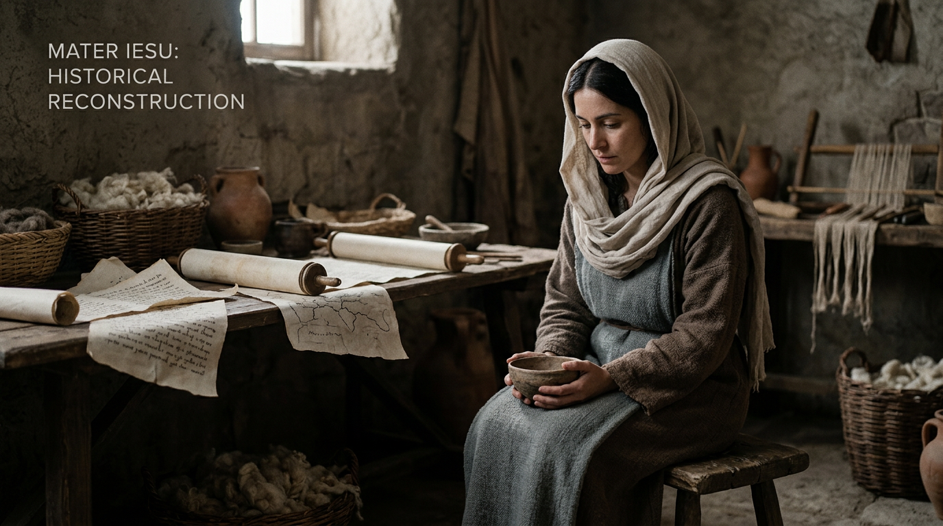 Maria, Mãe de Jesus, em representação realista e contemplativa, com elementos visuais de pesquisa histórica e cenários antigos ao fundo, simbolizando a abordagem documental do curso 'Maria - A História da Mãe de Jesus'.