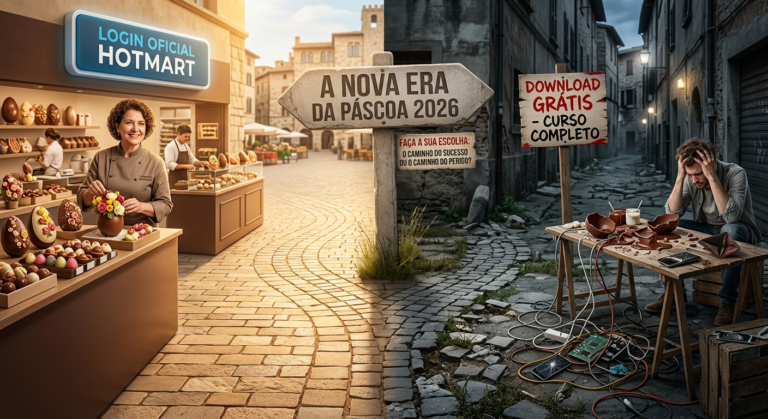Imagem comparativa de dois caminhos para a Páscoa 2026: à esquerda, um acesso seguro via 'LOGIN OFICIAL HOTMART' que leva ao sucesso na confeitaria com ovos de Páscoa perfeitos; à direita, um caminho arriscado de 'DOWNLOAD GRÁTIS' que resulta em ovos quebrados e frustração devido à pirataria.