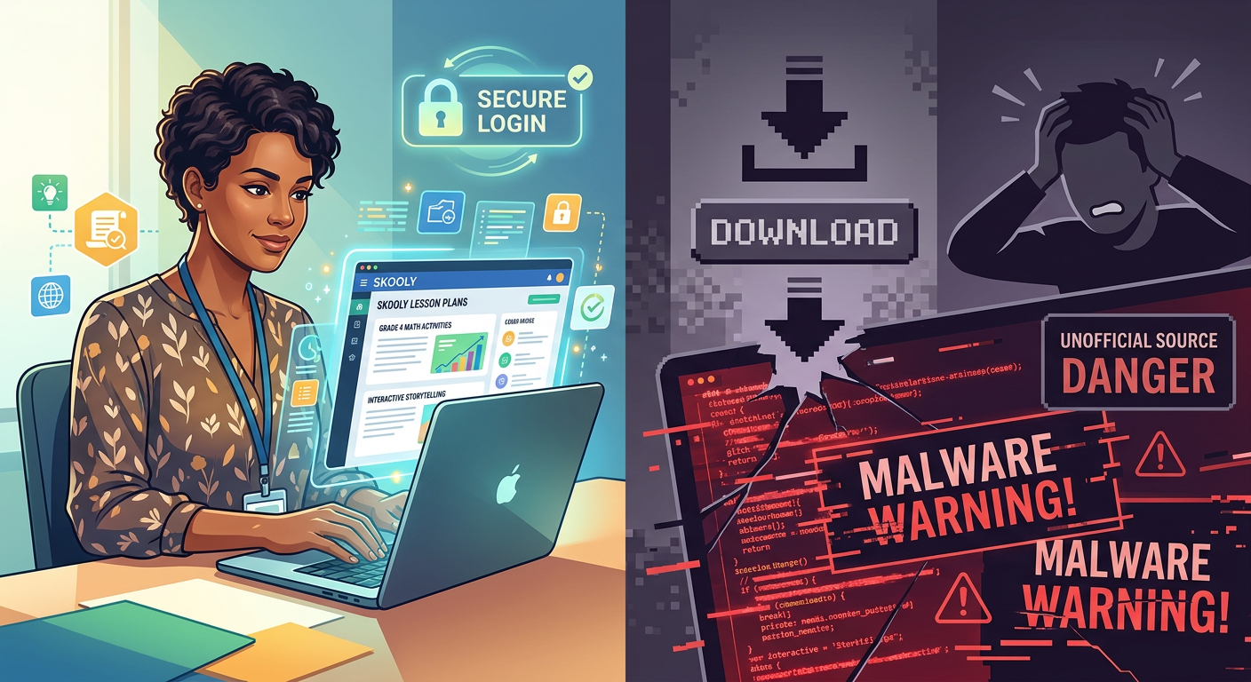 Imagem dividida mostrando, à esquerda, uma professora utilizando o Skooly IA de forma segura com login oficial, e à direita, um alerta visual de download pirata com riscos de segurança.