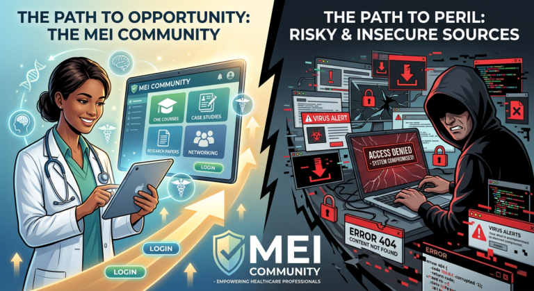 Ilustração digital comparando duas rotas: um caminho luminoso e seguro para o login oficial da MEI Community, com profissional da saúde engajado, e um caminho escuro e perigoso com ícones de download pirata e vírus.