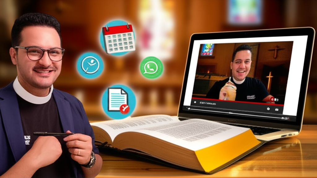 Ilustração de um pastor segurando uma Bíblia aberta ao lado de um laptop, com ícones de calendário, relógio, chat e PDFs simbolizando o curso 'Conheça Sua Bíblia'.