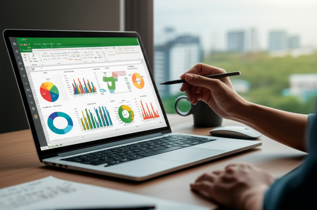 Tela de laptop exibindo planilha Excel e dashboard Power BI ao lado, simbolizando análise de dados e valorização profissional.