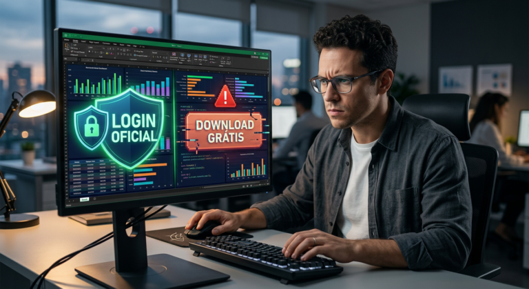 Imagem de um profissional focado em um computador com um dashboard de Excel, simbolizando a precisão do Sniper do Excel, com elementos visuais que contrastam o login oficial seguro e a armadilha do download grátis.