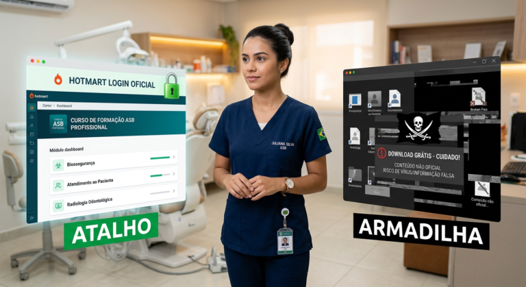 Auxiliar em Saúde Bucal (ASB) em consultório moderno, ponderando entre um portal de login oficial seguro de curso online e um download gratuito de aparência arriscada, ilustrando a escolha entre qualidade e perigo.