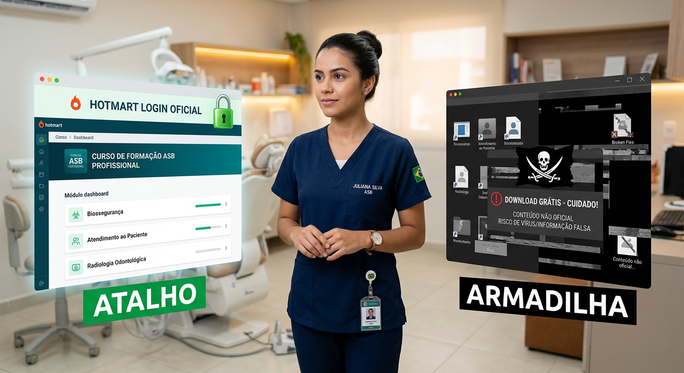Auxiliar em Saúde Bucal (ASB) em consultório moderno, ponderando entre um portal de login oficial seguro de curso online e um download gratuito de aparência arriscada, ilustrando a escolha entre qualidade e perigo.