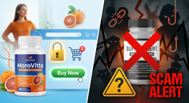 Imagem dividida mostrando o frasco original de MoroVitta em um ambiente de compra online seguro e confiável (com selo de segurança e carrinho de compras) à esquerda, contrastando com símbolos de fraude, produtos falsificados e alertas de golpe (com X vermelho e links quebrados) à direita.