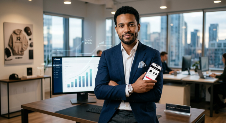 Jhonatas Silva, empreendedor de sucesso, em seu escritório moderno, representando o branding pessoal de classe no TikTok Shop com um celular e elementos digitais.