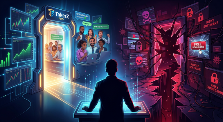 Imagem de alto contraste comparando o login oficial seguro do TakerZ PRO (comunidade, clareza) versus os riscos do download grátis (pirataria, malware, perigo).