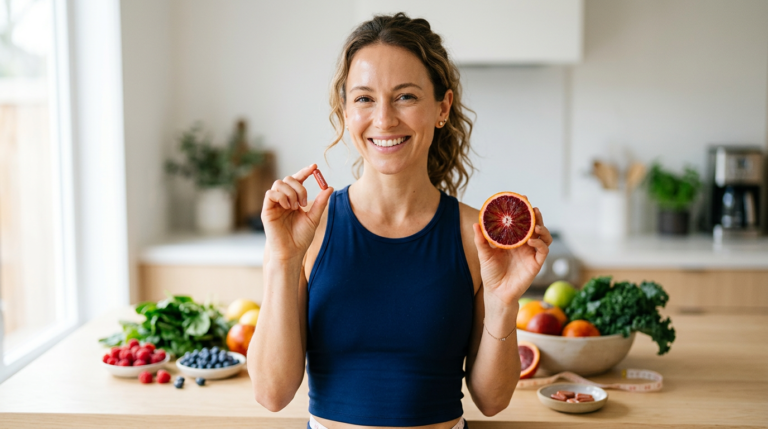 Mulher sorridente segurando cápsula MoroVitta e laranja Moro, simbolizando emagrecimento saudável e confiança.