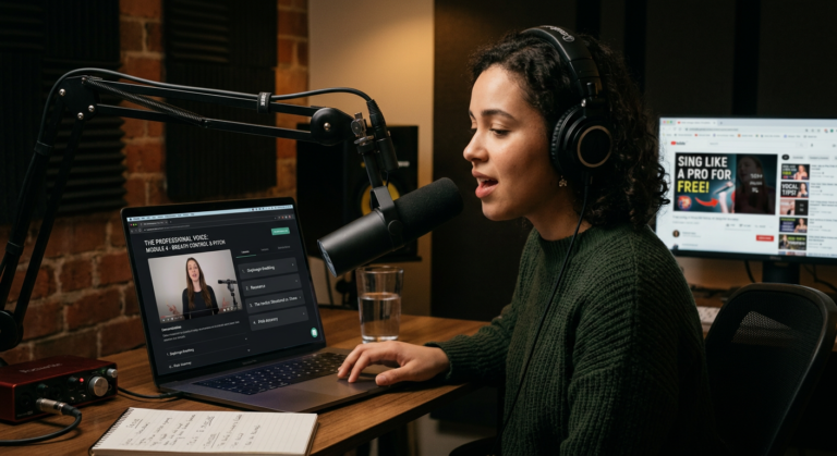 Mulher jovem concentrada, usando fones de ouvido profissionais e microfone, praticando canto com um curso online em seu notebook, sugerindo a superioridade do aprendizado estruturado.
