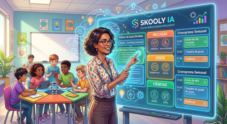 Educadora sorridente utilizando a plataforma Skooly IA em um tablet, com planos de aula e atividades sendo gerados automaticamente, simbolizando a otimização do tempo e a criatividade pedagógica.