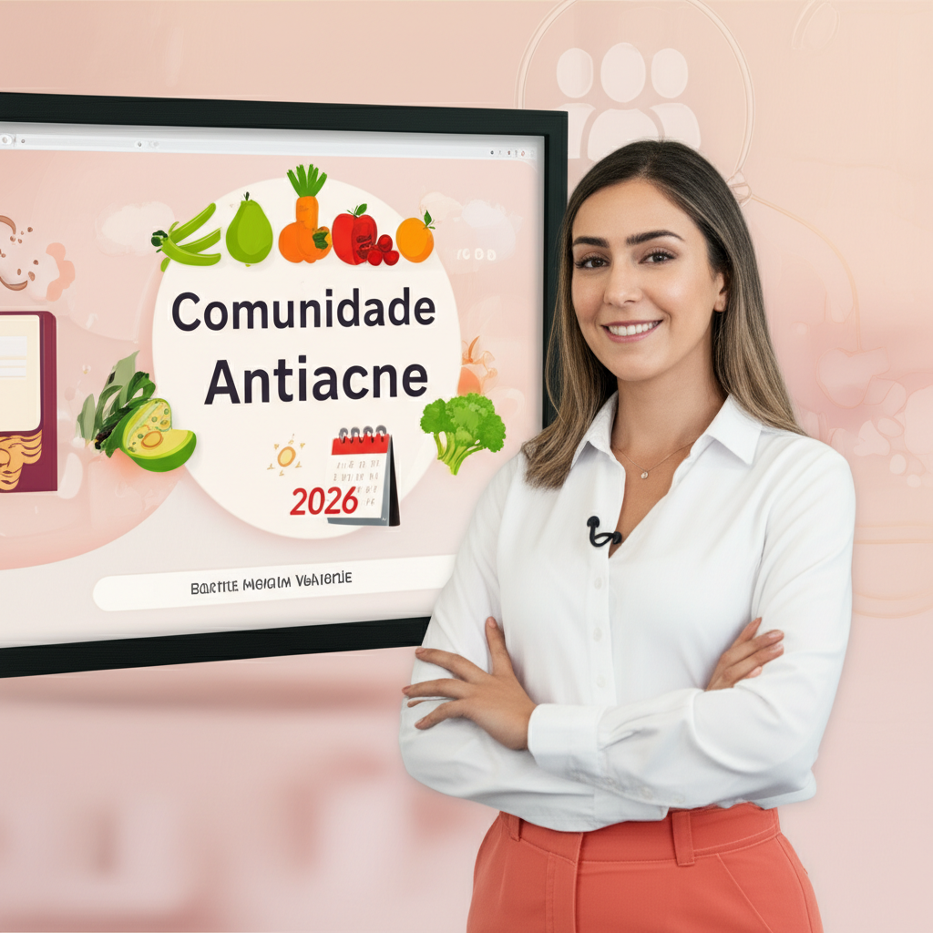 Ilustração da Comunidade Antiacne com a nutricionista Beatriz Moreira Valverde apresentando conteúdo sobre acne, alimentos saudáveis e um calendário de 2026, simbolizando o possível encerramento do programa.