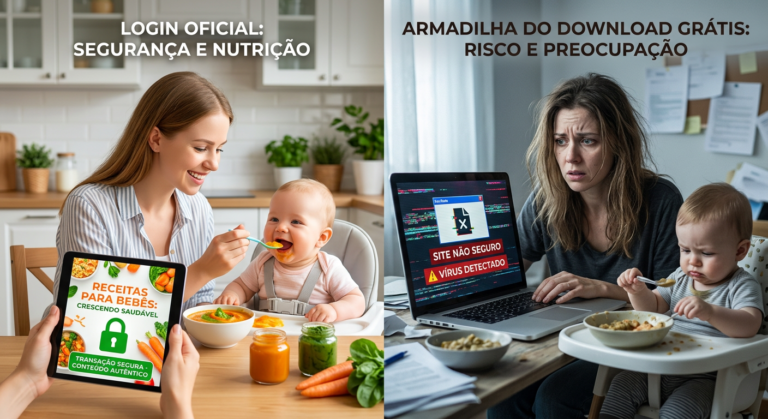 Imagem comparativa: de um lado, mãe e bebê felizes com ebook de receitas seguras (Login Oficial); do outro, mãe preocupada com tela de erro em laptop (Download Grátis).