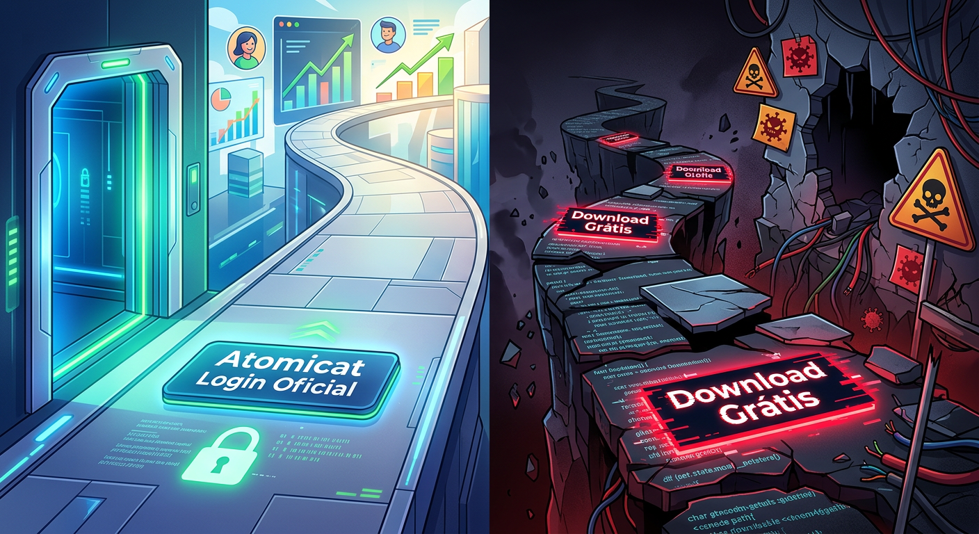 Atomicat: Login oficial seguro vs. armadilha do download grátis e pirataria