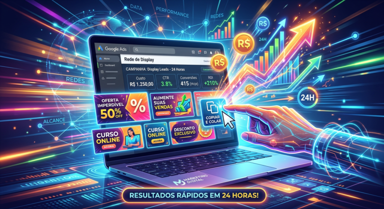 Pessoa usando laptop com dashboard de Google Display Ads, mostrando banners coloridos, gráficos de vendas rápidas, símbolos de dinheiro e setas de crescimento, representando o Método Display Ads e a promessa de resultados em 24h.