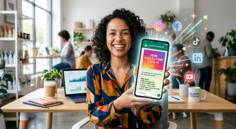 Pessoa utilizando o ZapPost no celular, recebendo posts diários prontos via WhatsApp para redes sociais como Instagram, TikTok e Facebook.