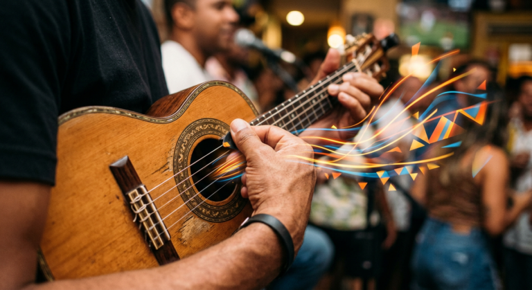 Mão direita de músico executando uma palhetada precisa e rítmica em um cavaquinho, com linhas de energia simbolizando a batida perfeita e o ritmo.