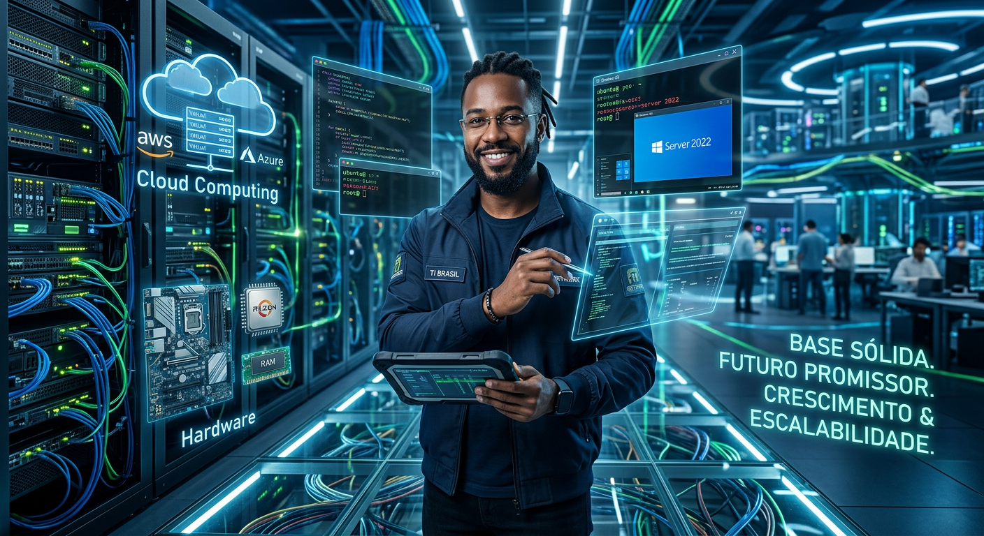 Profissional de TI em ambiente futurista, rodeado por elementos de redes, nuvem, hardware e sistemas operacionais, simbolizando uma carreira sólida e abrangente.