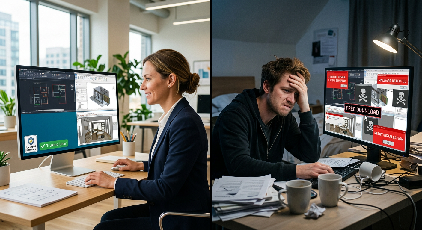 Contraste entre um projetista profissional utilizando AutoCAD, Revit e SketchUp licenciados e uma pessoa frustrada com softwares piratas ou com problemas de download grátis.