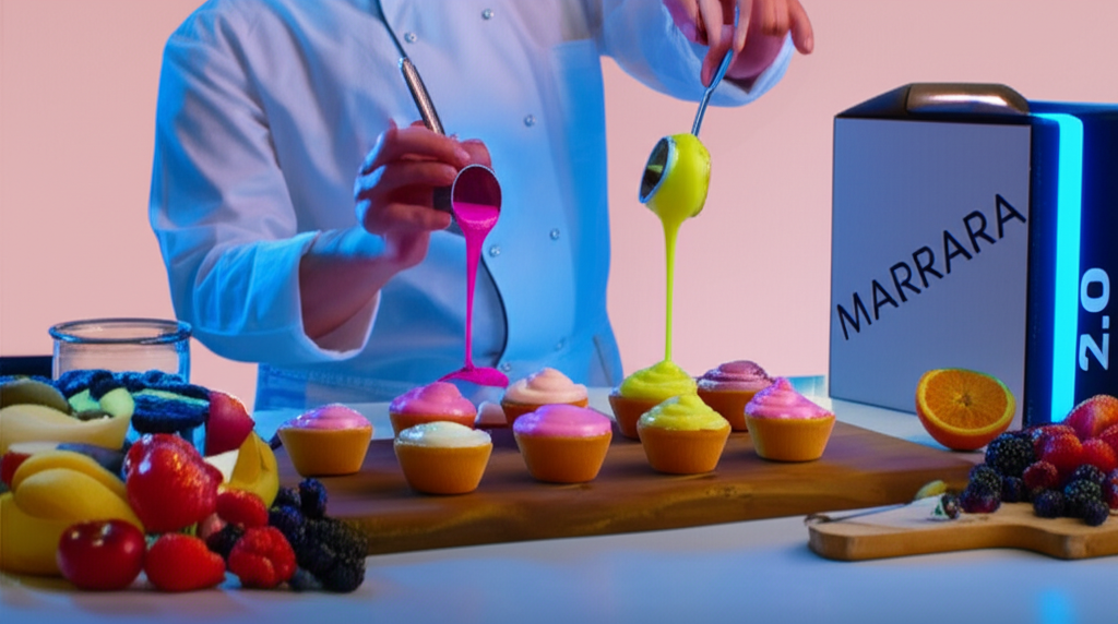 Baker pouring colorful cake fillings from Marrara 2.0 packaging in a modern kitchen.