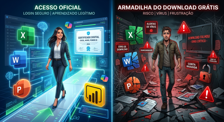 Caminho dividido contrastando o acesso seguro e oficial ao Pacote Office e Power BI com a armadilha de downloads gratuitos. O lado oficial mostra ícones do Office, Power BI e IA, com uma pessoa confiante; o lado da armadilha exibe ícones quebrados, vírus e frustração.