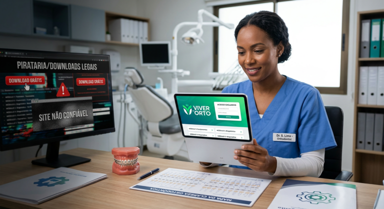 Dentista confiante acessando o curso Viver de Orto em um laptop, contrastando o login oficial seguro com a imagem distorcida de um download pirata. Ferramentas ortodônticas e diagramas de planejamento no fundo.