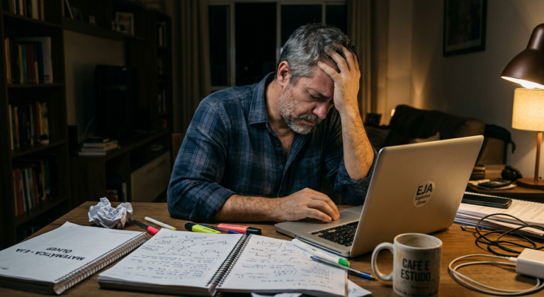 Aluno adulto, visivelmente frustrado e exausto, estudando em um laptop em casa, simbolizando as dificuldades e a alta taxa de falha no EJA Supletivo online.