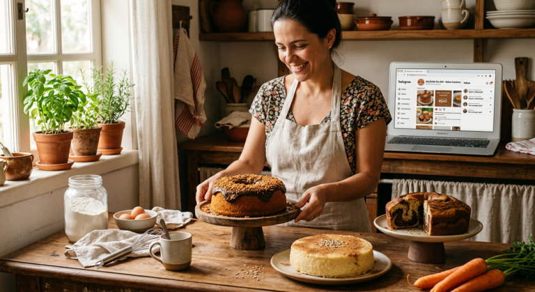 Cozinha rústica com mulher sorridente e diversos bolos caseiros como cenoura e fubá. Laptop ao fundo. Cena representa o curso 'A Casa dos Bolos Caseiros'.