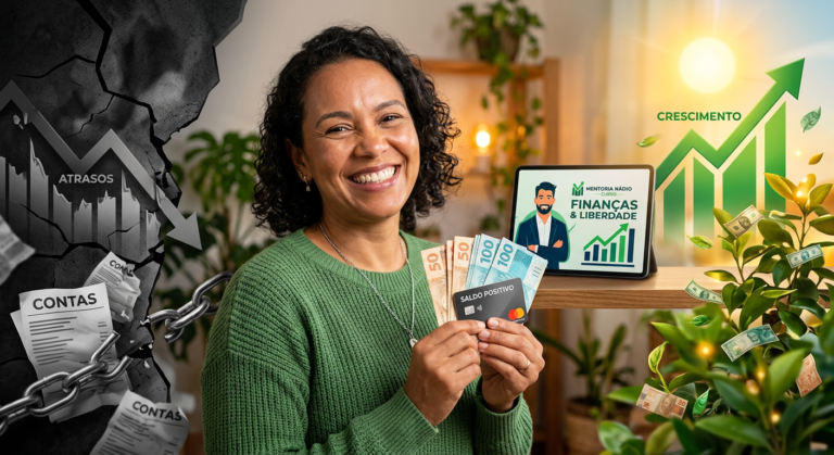 Pessoa sorrindo com dinheiro em mãos, simbolizando a liberdade financeira e a superação de dívidas com o método Viva Sempre com Dinheiro de Nádia Pace.