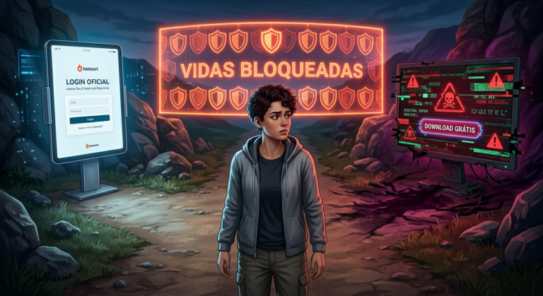 Pessoa diante de duas telas, uma de login oficial seguro e outra de download grátis com alertas de perigo, simbolizando a escolha para o e-book Vidas Bloqueadas.