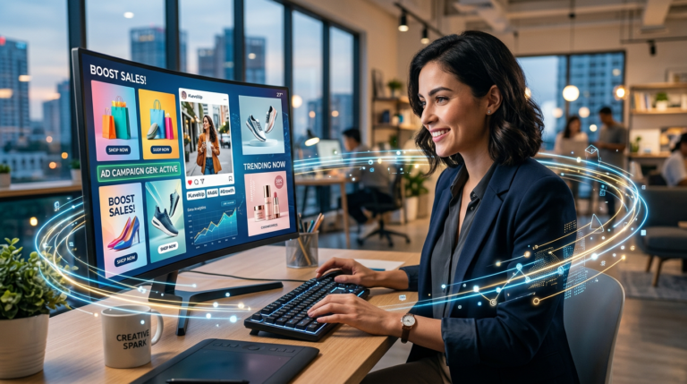 Profissional criando artes comerciais de alto impacto e designs profissionais com o CreativeLab.IA™ 2.0, usando prompts de IA para aceleração de design e marketing.