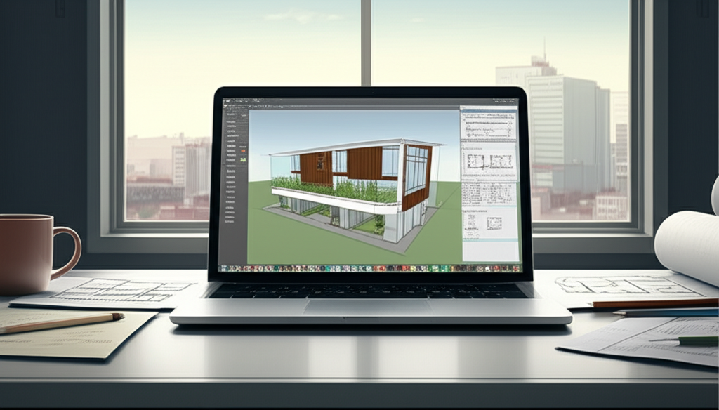 Arquitetos usando SketchUp em laptop, visualizando modelo 3D de um edifício residencial.