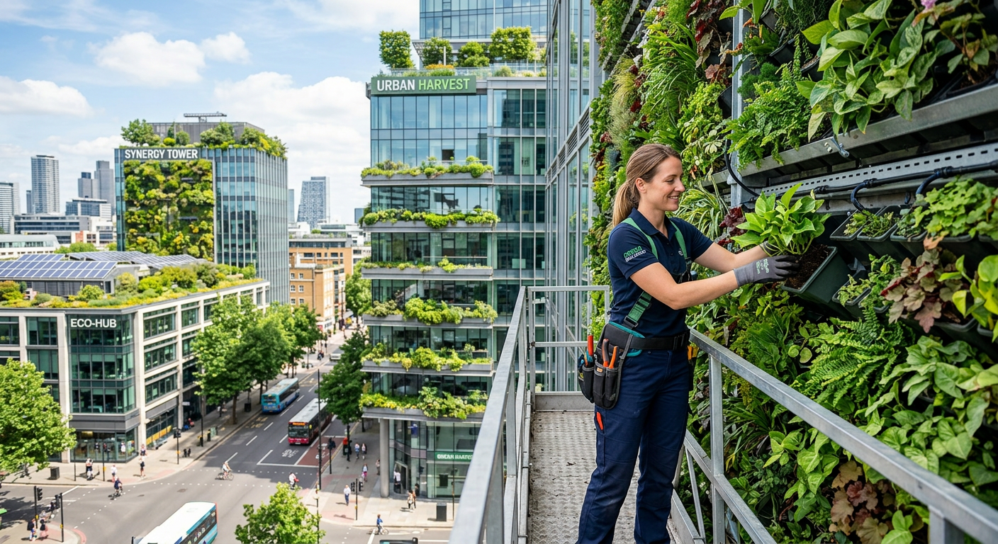 Profissional aplicando técnicas da Formação Green Builders em um jardim vertical exuberante em prédio urbano, símbolo de sustentabilidade e inovação.