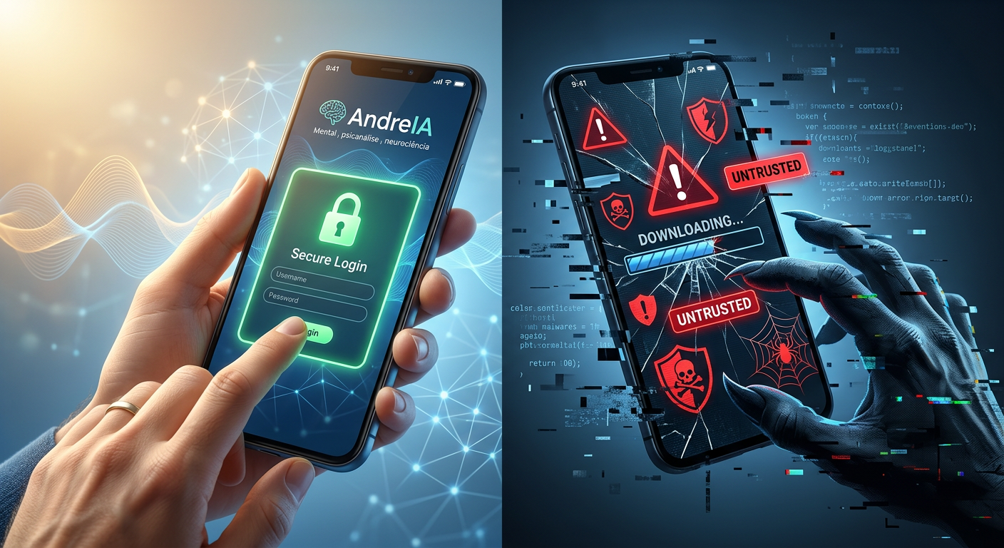 Imagem dividida contrastando: de um lado, mão segurando smartphone com login seguro da AndreIA em tela brilhante; do outro, mão tentando download pirata em tela quebrada com alertas de vírus.