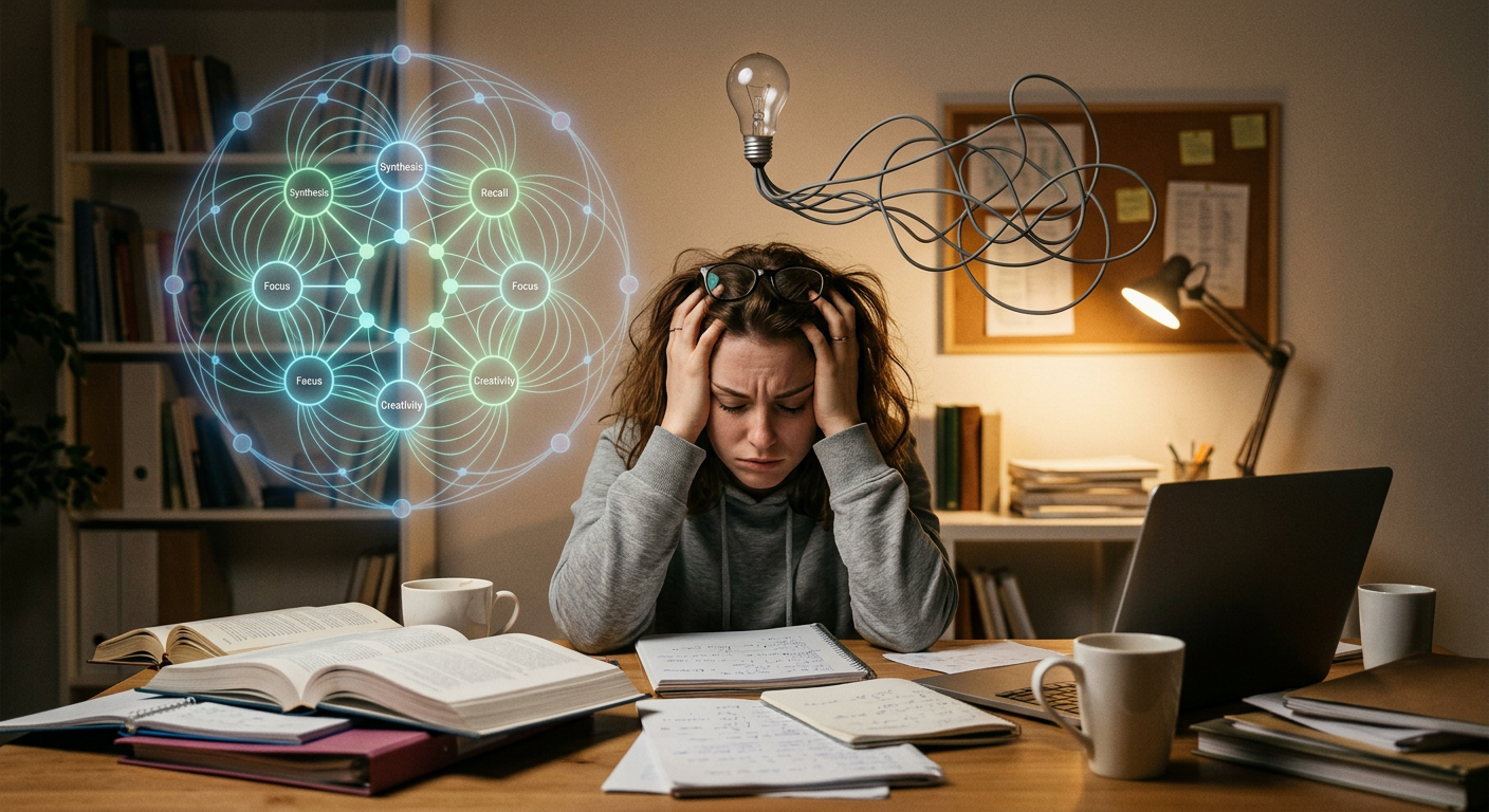 Estudante frustrado com materiais de estudo, simbolizando a dificuldade em aproveitar técnicas de memória, com um gráfico 360 de memória em segundo plano.