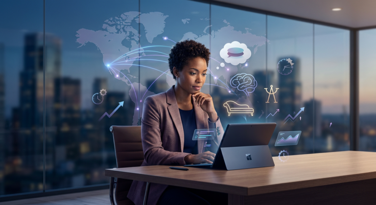 Pessoa estudando psicanálise online com elementos visuais de alcance internacional, alta performance e gestão de tempo, simbolizando certificações e atuação global.