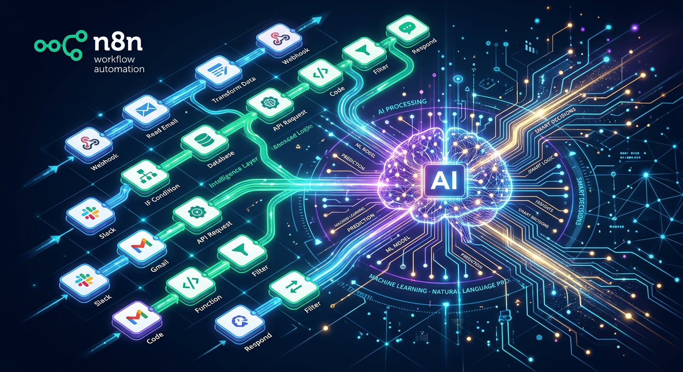 Diagrama visual de automação n8n integrado com elementos de inteligência artificial, mostrando fluxo de dados e nós conectados para processos eficientes.