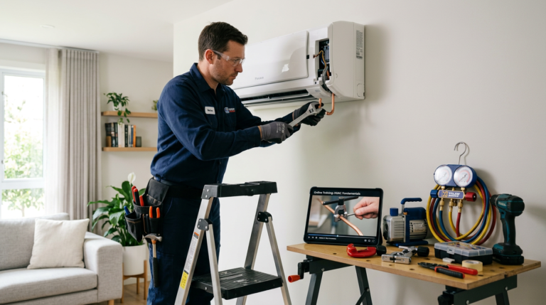 Técnico profissional instalando um ar condicionado Split Hi-Wall, com ferramentas de refrigeração e um tablet exibindo aulas do Curso Top Refrigerista.