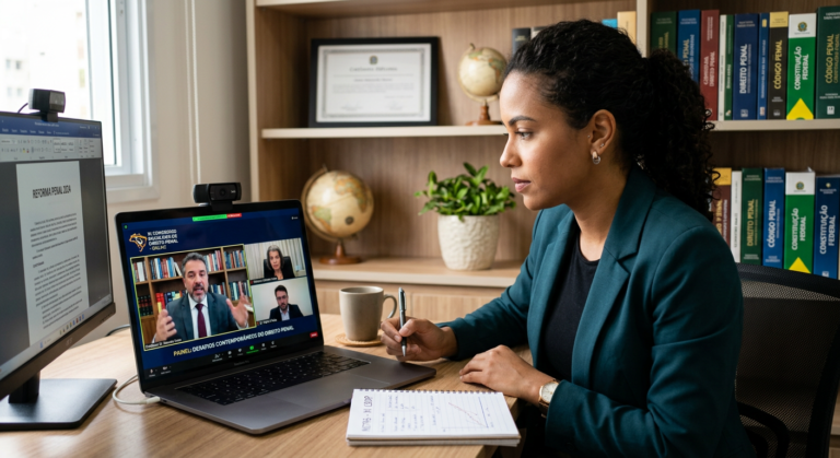 Pessoa assistindo ao XI Congresso Brasileiro de Direito Penal online em um laptop, com painel de juristas na tela.