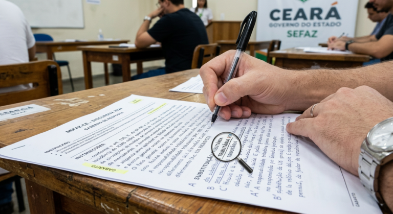 Candidato dominando a prova discursiva SEFAZ CE, escrevendo com precisão para garantir o gabarito sob critérios da banca FCC, com caneta e papel de exame.