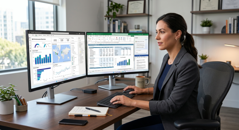 Profissional usando Excel, Power BI e Word em múltiplos monitores, com elementos visuais de inteligência artificial (IA) e dashboards complexos.