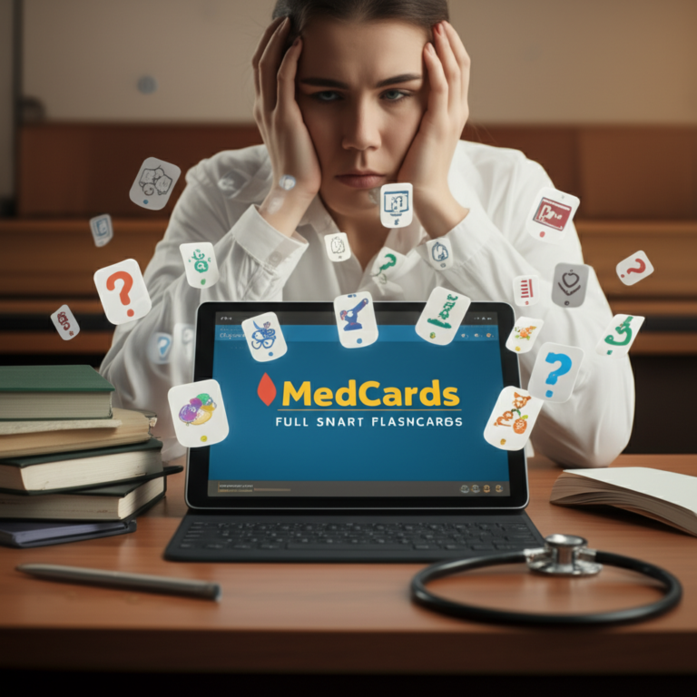 Estudante de medicina ansioso com flashcards digitais do Medcards FULL ao fundo.