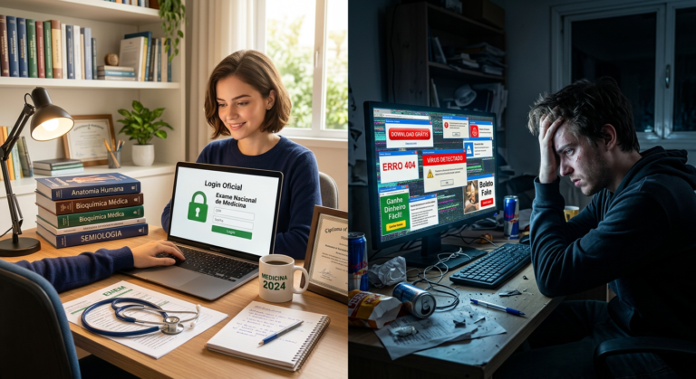 Estudante confiante usando login oficial do CRM Redação Medicina versus estudante frustrado com download grátis e erros no computador.