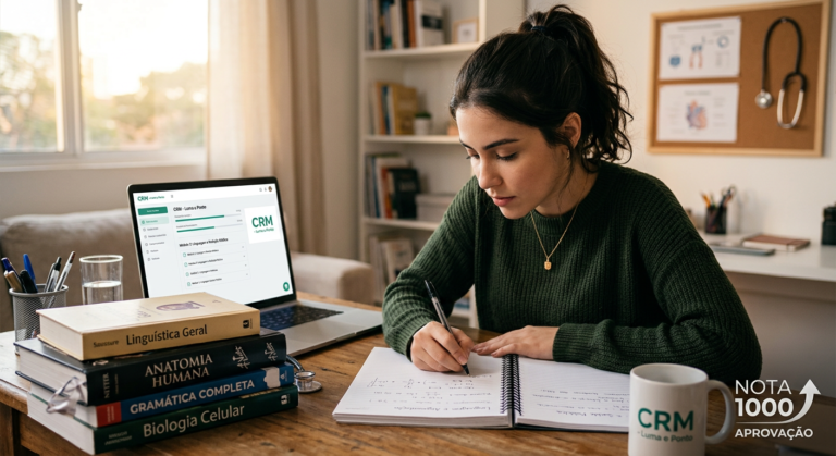 Estudante focada usando o curso CRM Luma e Ponto para redação de Medicina, com livros e símbolos médicos ao redor, simbolizando a conquista de notas altas para aprovação em vestibulares como Enem, Fuvest e Vunesp.