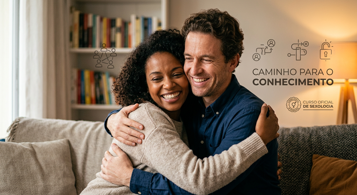 Casal feliz e conectado em um abraço íntimo, simbolizando confiança, prazer e comunicação melhorada no relacionamento através do aprendizado de sexologia.