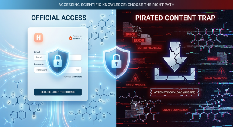 Imagem dividida contrastando o acesso seguro a um curso online de peptídeos com os riscos de downloads gratuitos não oficiais. Lado esquerdo mostra tela de login segura e moléculas organizadas. Lado direito mostra ícone de download quebrado e dados corrompidos.